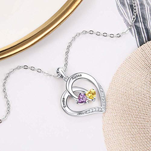 OPALSTOCK Collar Corazón Mujeres de Plata de Ley 925 Colgante Personalizado Mujer con 2 Piedras de Nacimiento Simuladas con Caja de Regalo
