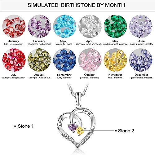 OPALSTOCK Collar Corazón Mujeres de Plata de Ley 925 Colgante Personalizado Mujer con 2 Piedras de Nacimiento Simuladas con Caja de Regalo