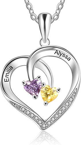 OPALSTOCK Collar Corazón Mujeres de Plata de Ley 925 Colgante Personalizado Mujer con 2 Piedras de Nacimiento Simuladas con Caja de Regalo