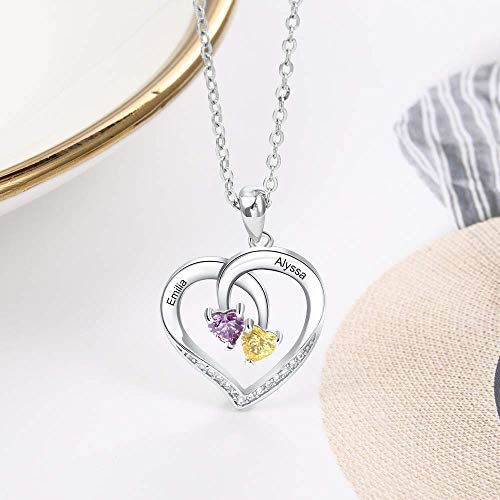 OPALSTOCK Collar Corazón Mujeres de Plata de Ley 925 Colgante Personalizado Mujer con 2 Piedras de Nacimiento Simuladas con Caja de Regalo