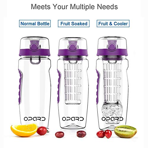 Opard Botella de 1 L Fruit Infuser Sports Botella Water Bottle Tritan Botella de plástico sin BPA con Recetas y Pincel (Púrpura)