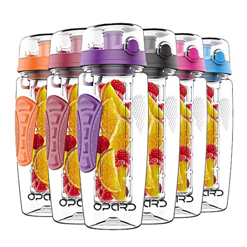 Opard Botella de 1 L Fruit Infuser Sports Botella Water Bottle Tritan Botella de plástico sin BPA con Recetas y Pincel (Púrpura)