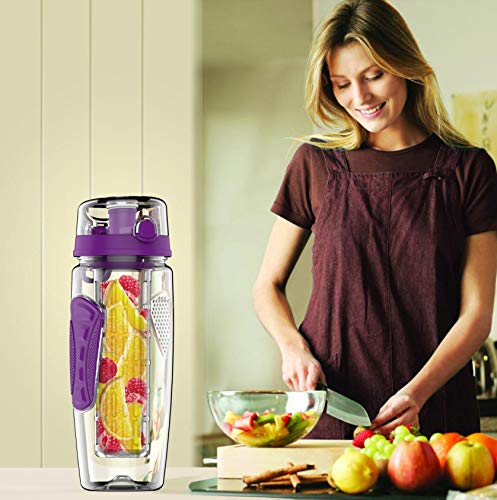 Opard Botella de 1 L Fruit Infuser Sports Botella Water Bottle Tritan Botella de plástico sin BPA con Recetas y Pincel (Púrpura)