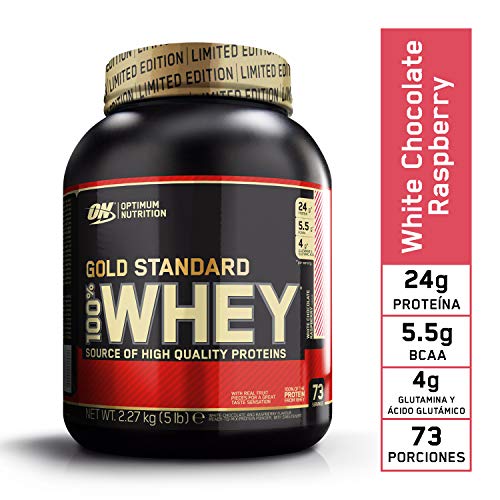 Optimum Nutrition ON Gold Standard 100% Whey Proteína en Polvo Suplementos Deportivos, Glutamina y Aminoacidos, BCAA, Chocolate Blanco y Frambuesa, 76 Porciones, 2.28 kg, Embalaje Puede Variar