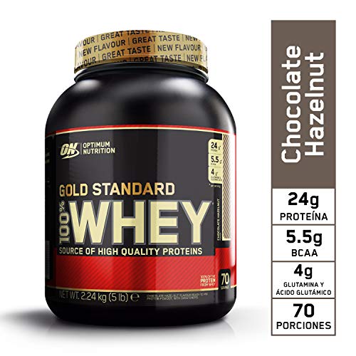Optimum Nutrition ON Gold Standard 100% Whey Proteína en Polvo Suplementos Deportivos, Glutamina y Aminoacidos, BCAA, Chocolate y Avellana, 70 porciones, 2.24 kg, Embalaje puede variar