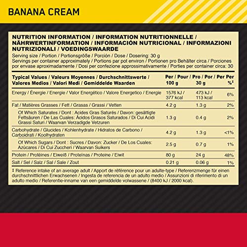 Optimum Nutrition ON Gold Standard 100% Whey Proteína en Polvo Suplementos Deportivos, Glutamina y Aminoacidos, BCAA, Crema de Plátano, 30 Porciones, 900g, Embalaje Puede Variar