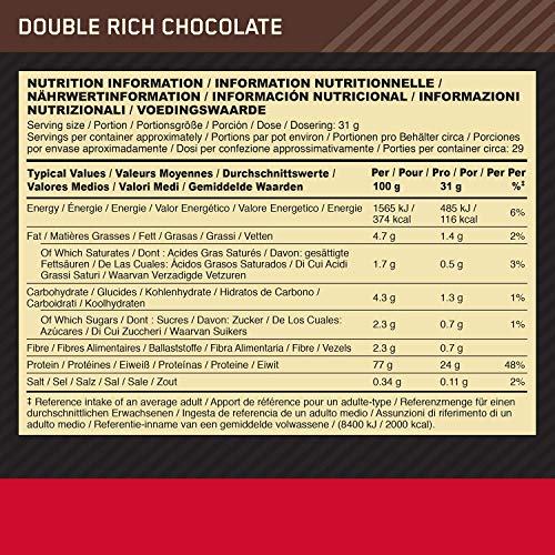 Optimum Nutrition ON Gold Standard 100% Whey Proteína en Polvo Suplementos Deportivos, Glutamina y Aminoacidos, BCAA, Double Rich Chocolate, 29 Porciones, 900 g, Embalaje Puede Variar