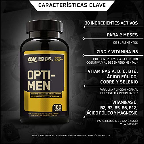 Optimum Nutrition ON Opti-Men, Suplemento Multivitamínico, Multivitaminas y Minerales para Hombres con BCAA, Glutamina, Vitamina C, Zinc y Magnesio, sin sabor, 60 porciones, 180 Cápsulas