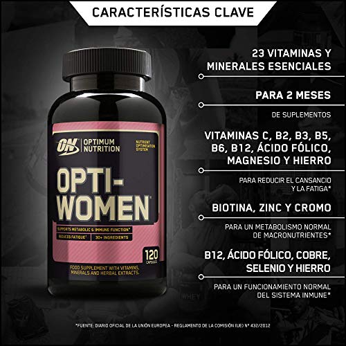 Optimum Nutrition ON Opti-Women, Suplemento Multivitamínico, Multivitaminas y Minerales para Mujeres con Vitamina D, Vitamina C, Magnesio y Acido Folico, sin sabor, 60 porciones, 120 Cápsulas