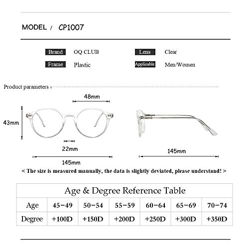 OQ CLUB Gafas de Lectura Anti-Deslumbramiento de Luz Azul Gafas de Ordenador Redondas Retro que Reducen la Fatiga Ocular Unisex (Transparente, 1.0)