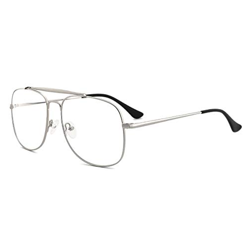 OQ CLUB Montura de Gafas Aviador Rectangular Mujer Hombre Bloqueo Luz Azul para Ordenador Lente Clara sin Receta (Plateado)