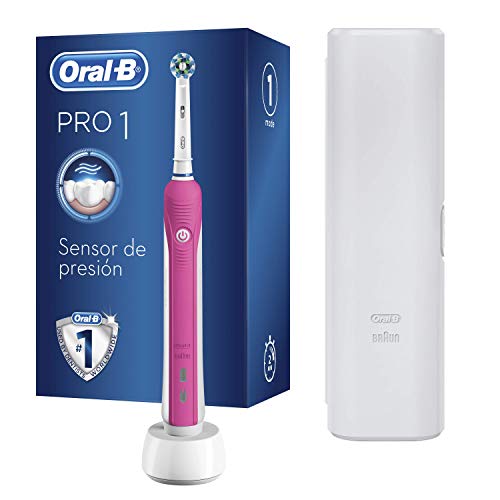 Oral-B Pro 750 CrossAction Cepillo eléctrico recargable, 1 mango rosa, 1 cabezal recambio, funda de viaje de plástico, color blanca