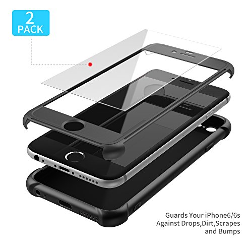 ORETECH Funda iPhone 6/6s, con [2X Protector de Pantalla de Vidrio Templado 360 Carcasa iPhone 6/6s Case Cover Silicona Ligera Delgado PC TPU Bumper Rubber Caso para iPhone 6 / 6s 4.7'' Negro