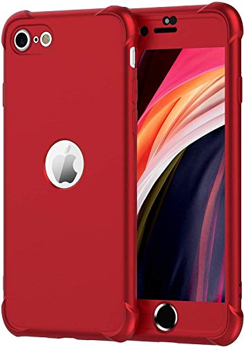 ORETECH Funda iPhone SE 2020, Carcasa iPhone SE 2020 con [ 2 x Protector de Pantalla de Vidrio Templado] 360° Funda Silicona Ligera Delgado PC TPU Bumper Rubber Caso para iPhone SE 2020 4.7''-Rojo