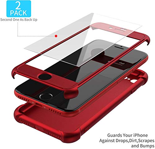 ORETECH Funda iPhone SE 2020, Carcasa iPhone SE 2020 con [ 2 x Protector de Pantalla de Vidrio Templado] 360° Funda Silicona Ligera Delgado PC TPU Bumper Rubber Caso para iPhone SE 2020 4.7''-Rojo
