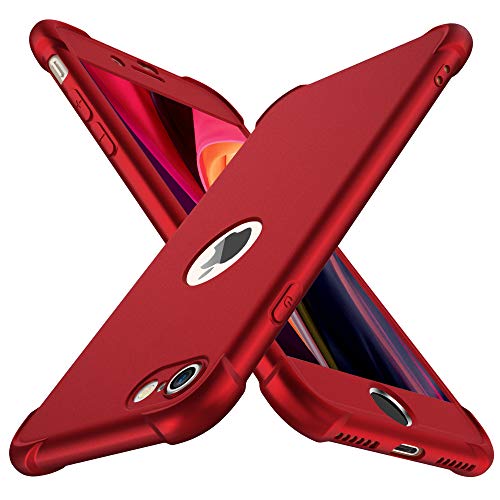 ORETECH Funda iPhone SE 2020, Carcasa iPhone SE 2020 con [ 2 x Protector de Pantalla de Vidrio Templado] 360° Funda Silicona Ligera Delgado PC TPU Bumper Rubber Caso para iPhone SE 2020 4.7''-Rojo