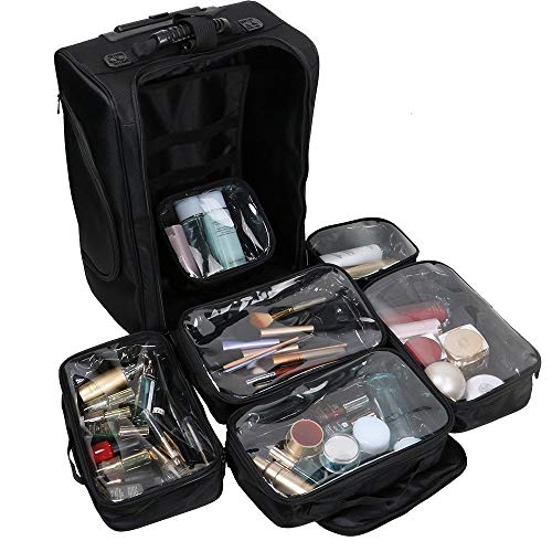 Organizador de Cosméticos Portable Kemier, Estuche de Maquillaje con Ruedas de Nylon Suave con Bolsos, Negro
