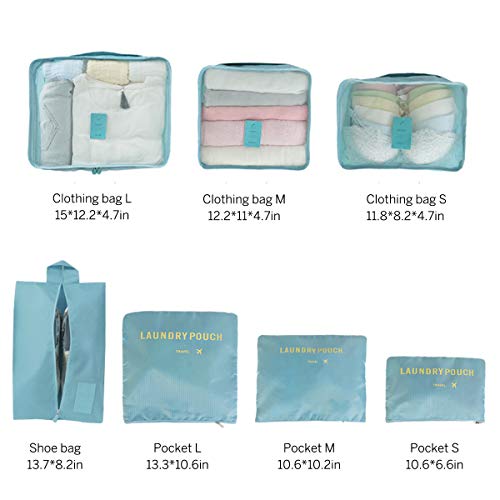 Organizador de Equipaje 7 en 1 Set Organizador de Maletas Impermeable Viaje con Bolsa de Zapato, Material Nylon-Meowoo(Lago Azul)