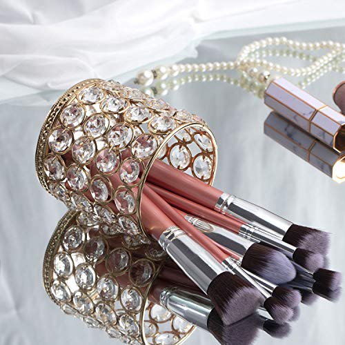 Organizador de Maquillaje, Jolintek Organizador de Brocha de Maquillaje, Portalápices Redondo Retro Cristal Organizador Maquillaje Organizador de Escritorio para Baño, Oficina y Hogar (Dorado)