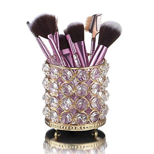 Organizador de Maquillaje, Jolintek Organizador de Brocha de Maquillaje, Portalápices Redondo Retro Cristal Organizador Maquillaje Organizador de Escritorio para Baño, Oficina y Hogar (Dorado)