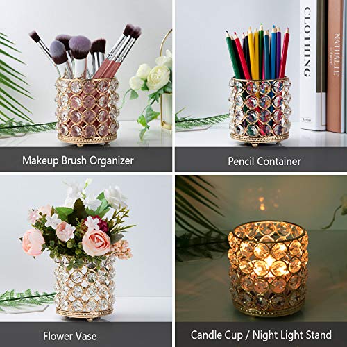 Organizador de Maquillaje, Jolintek Organizador de Brocha de Maquillaje, Portalápices Redondo Retro Cristal Organizador Maquillaje Organizador de Escritorio para Baño, Oficina y Hogar (Dorado)