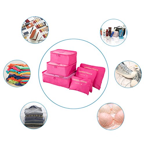 Organizador de Viaje Organizadores para Maletas, EASEHOME 3Pcs Cubos de Embalaje + 3pcs Bolsas de Almacenamiento para Ropa Zapato Cosmético Impermeable Bolsa de Lavandería, Rosa