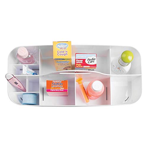 Organizador plástico de mDesign - Organizador de juguetes, talco o colonia bebé para el baño - Con 11 compartimentos y manija para el transporte
