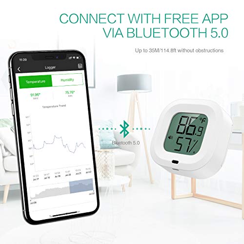 ORIA Termómetro Higrómetro Digital Bluetooth, Sensor Inalámbrica de Humedad de Temperatura con Pantalla LCD, Estación Meteorológica con Alerta de Alarma, Soporte Android y iPhone para Hogar, Oficina