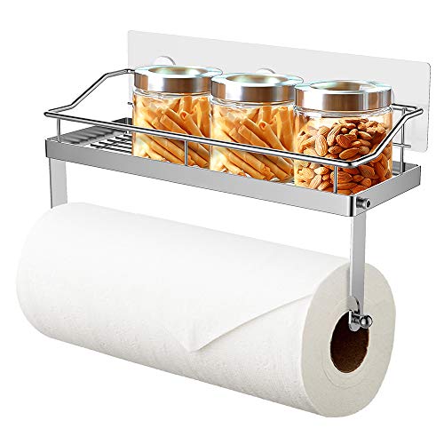 Oriware Adhesivo Portarrollos de Cocina con Estante Soportes de pared Especiero Organizador SUS304 Acero Inoxidable - Sin Perforar