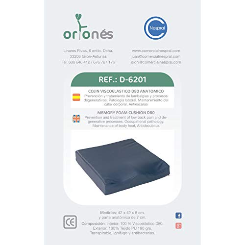 ORTONES | Cojín Antiescaras Viscoelástico | Con funda de PU | Antideslizante | 42x42x8 cm | Hondonada pélvica de 7 cms | Densidad de 80 kg/m³ | Soporta hasta 110 kg de peso