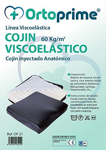 OrtoPrime Cojín Antiescaras Viscoelástico Alta Densidad - 60 Kg/m3 - Asiento Ortopédico Espuma de Memoria - Idóneo para Silla de Ruedas Oficina Coche y Hogar