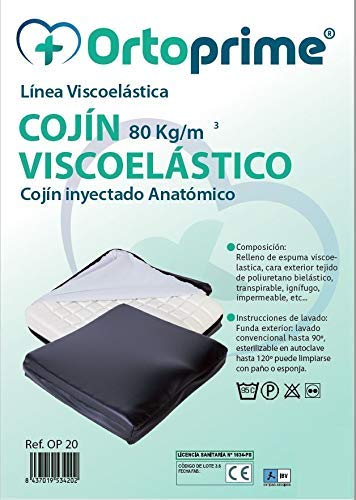 OrtoPrime Cojín Antiescaras Viscoelástico Alta Densidad - 80 Kg/m3 - Asiento Ortopédico con Espuma de Memoria - Cojín Terapéutico Alivia Presiones de Coxis | Silla de Ruedas Oficina y Hogar