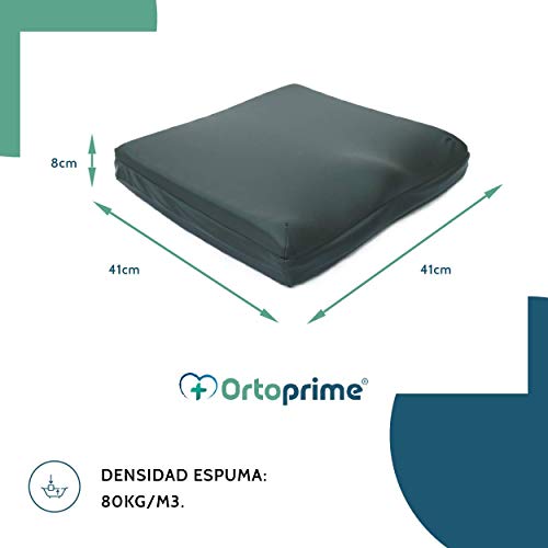 OrtoPrime Cojín Antiescaras Viscoelástico Alta Densidad - 80 Kg/m3 - Asiento Ortopédico con Espuma de Memoria - Cojín Terapéutico Alivia Presiones de Coxis | Silla de Ruedas Oficina y Hogar