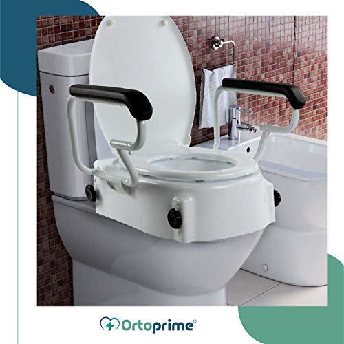 OrtoPrime Elevador WC Inclinable con Reposabrazos Abatibles - Altura Regulable 5, 10 y 15 Centímetros - Alza wc con Tapa - Alzador de Inodoro Portátil