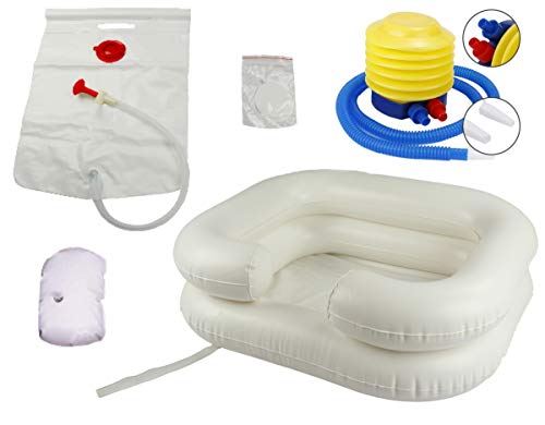 OrtoPrime Lavacabezas Hinchable con tubo de Drenaje - Lavacabezas Portátil Peluquería con Hinchador - Lavabo de Cabello - Bañera Hinchable para Cama y Silla - Kit Completo