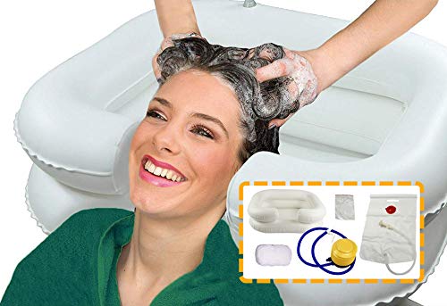 OrtoPrime Lavacabezas Hinchable con tubo de Drenaje - Lavacabezas Portátil Peluquería con Hinchador - Lavabo de Cabello - Bañera Hinchable para Cama y Silla - Kit Completo
