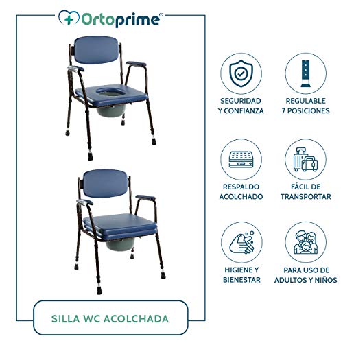 OrtoPrime Silla WC Inodoro ACOLCHADA - Silla Orinal PORTÁTIL Regulable - Váter portátil con Bidet Acoplable - Silla de Baño para Ancianos CÓMODA y RESISTENTE