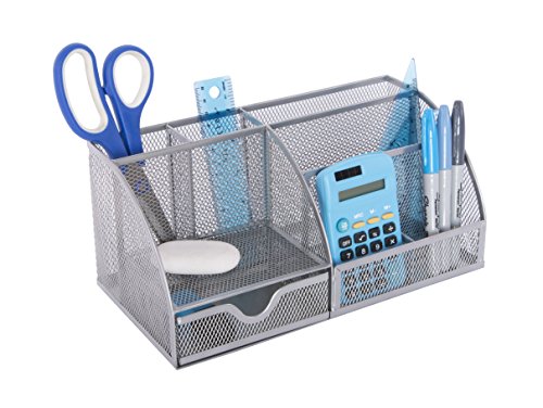 Osco - Organizador de escritorio grande (malla, resistente, con almohadillas de goma), color plateado, plateada