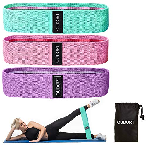 Oudort Bandas de Resistencia, Set de 3 Bandas Elásticas Fitness y Musculación de Tela 3 Niveles con Bolsa para Ejercicios de Gluteos, Cadera, Piernas y Brazos, Yoga, Pilates, Fitness, Crossfit