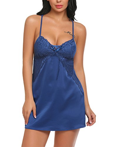 Outlet - Camisón de noche para mujer, sexy, de satén, con tirantes, cuello en V B azul marino XL
