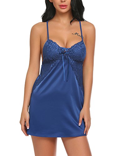 Outlet - Camisón de noche para mujer, sexy, de satén, con tirantes, cuello en V B azul marino XL