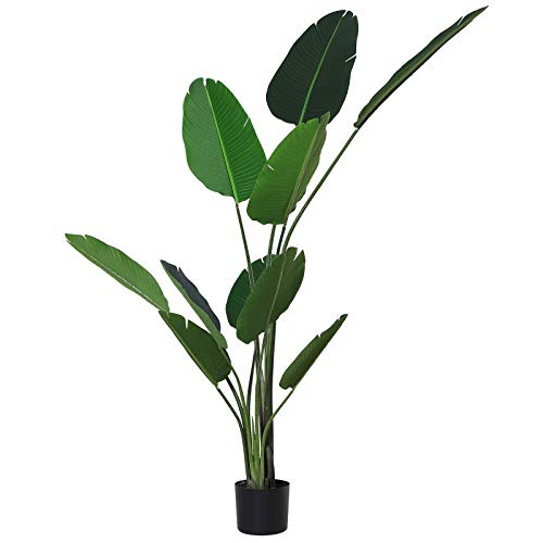 Outsunny Planta de Decoración Artificial de Palma Árbol Realista con Maceta 10 Hojas Ф18x180cm para Exterior e Interior No Requiere Instalación