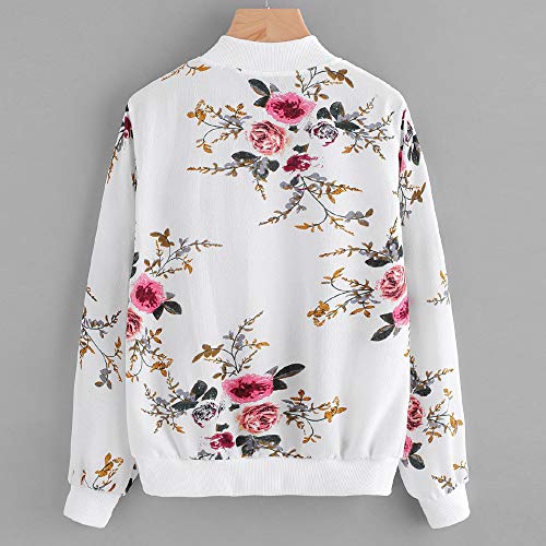 Overdose Las Nuevas SeñOras De Las Mujeres Retro Floral O-Cuello Zipper Up Bomber Mejor Venden Chaqueta Casual Outwear (XL, M-Blanco)