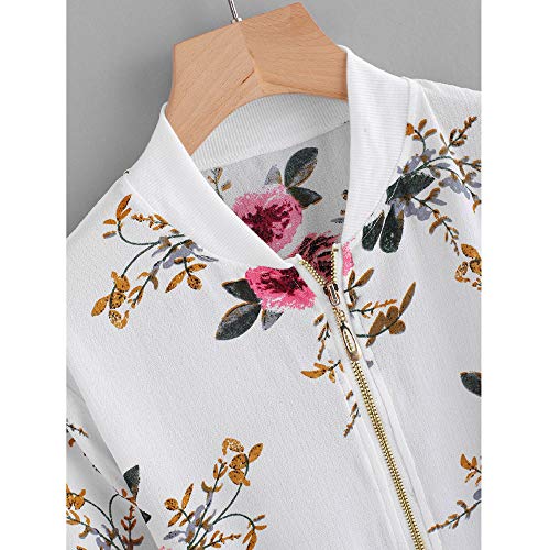 Overdose Las Nuevas SeñOras De Las Mujeres Retro Floral O-Cuello Zipper Up Bomber Mejor Venden Chaqueta Casual Outwear (XL, M-Blanco)