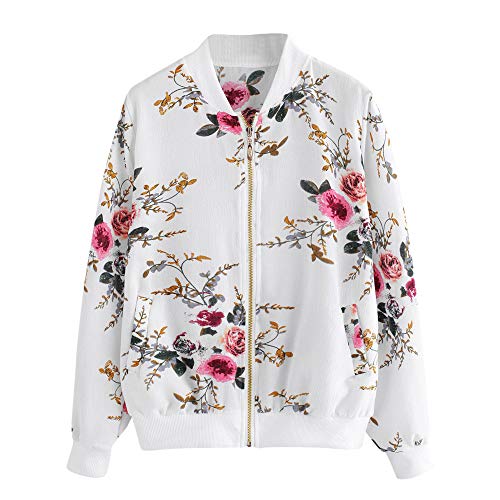 Overdose Las Nuevas SeñOras De Las Mujeres Retro Floral O-Cuello Zipper Up Bomber Mejor Venden Chaqueta Casual Outwear (XL, M-Blanco)