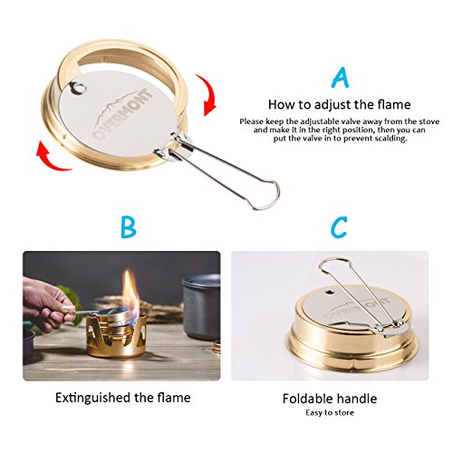 Overmont Mini Estufa de alcohol de cobre, hornillos de acampada con soporte de aleación de aluminio cortavientos portátil color Oro /Gris /Verde de Oliva