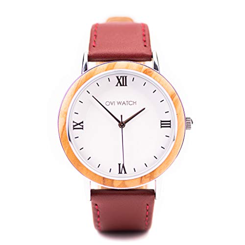 Ovi Watch - Relojes de Madera - Rojo Cuero Genuino