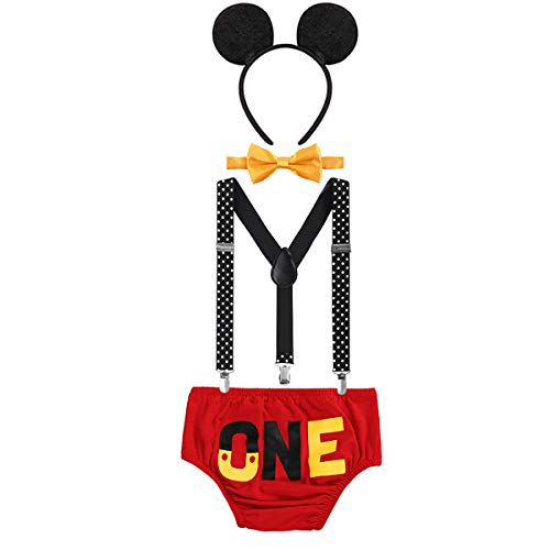 OwlFay Bebé Niños Ratón 1er / 2do / 3er Cumpleaños Traje 4 Piezas Conjuntos de Ropa Algodón Calzoncillos + Tirantes + Pajarita + Diadema de Oreja Halloween Carnaval Trajes 0-3 Años 12-18 Meses