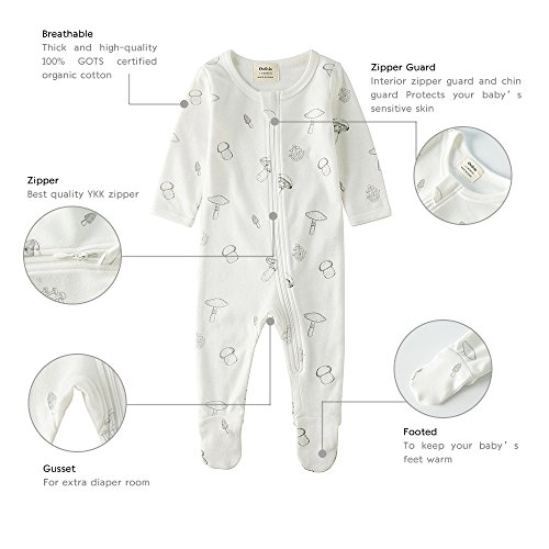 Owlivia Pijama de algodón orgánico para bebé niña con cremallera frontal para dormir y jugar con pies, manga larga