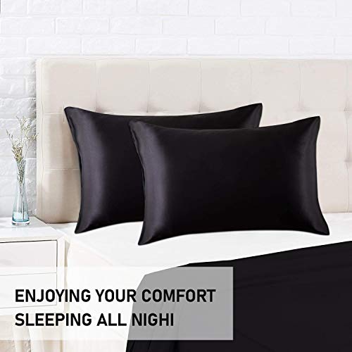 O'woda Funda de Almohada Satén 40 * 80 cm, 2 Unidades, Protege Cabello y Piel, Hipoalergénico, Antiarrugas sin Cremallera - Negro